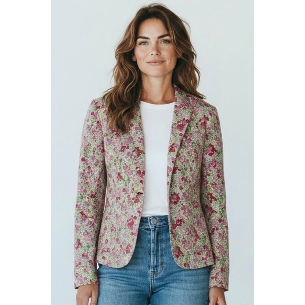 Madison Hill Floral Blazer Women L Pink Green Shrunken Cotton Blend Cottagecore